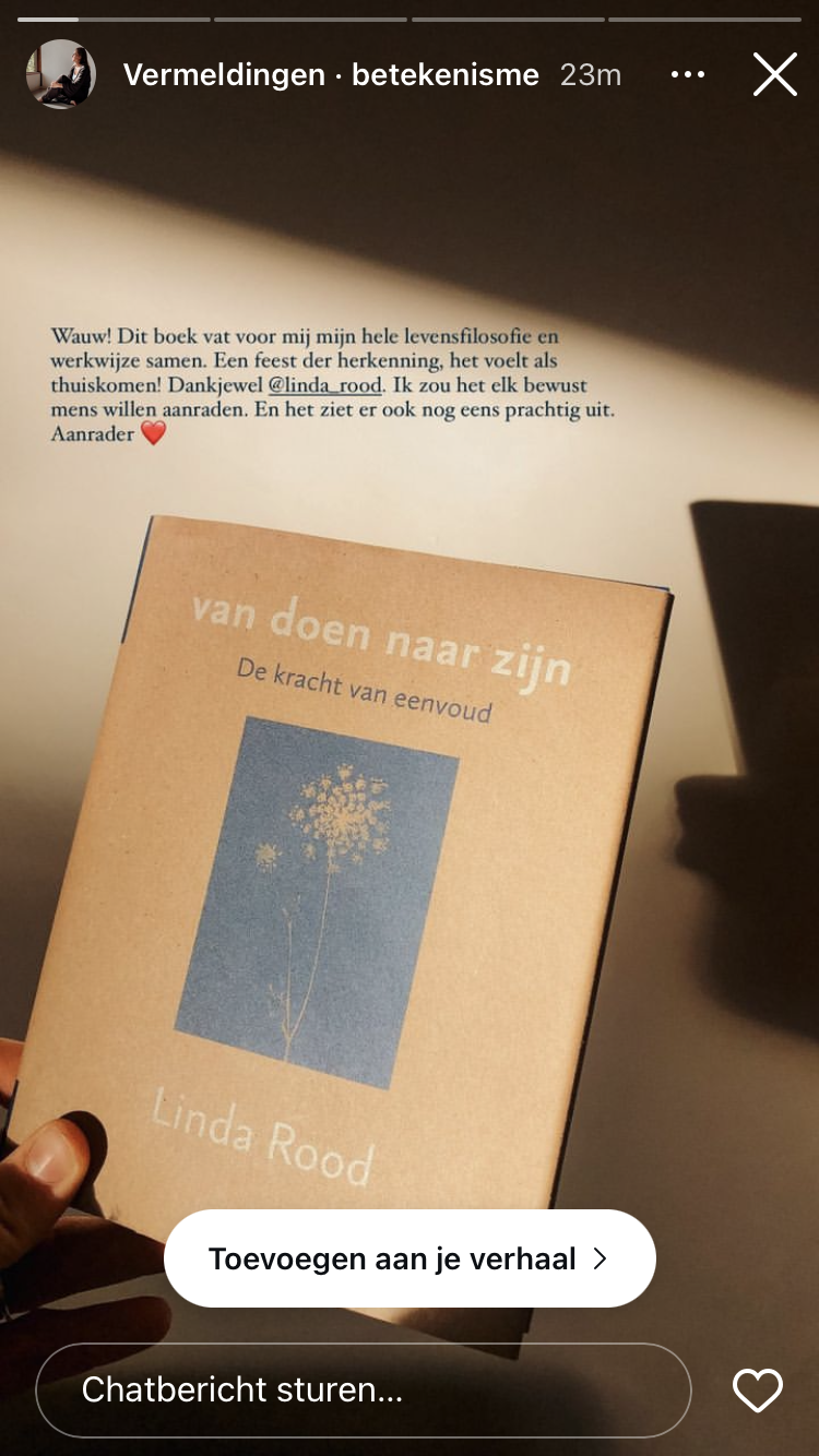 Een afbeelding van het boek Van doen naar zijn van het instagram account betekensime